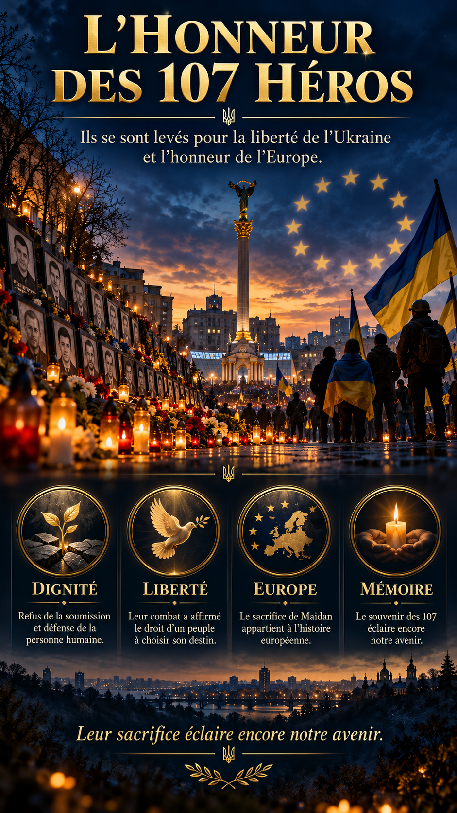 Graphique descriptif en hommage aux 107 Héros de Maidan, à la dignité, à la liberté, à l'Europe et à la mémoire