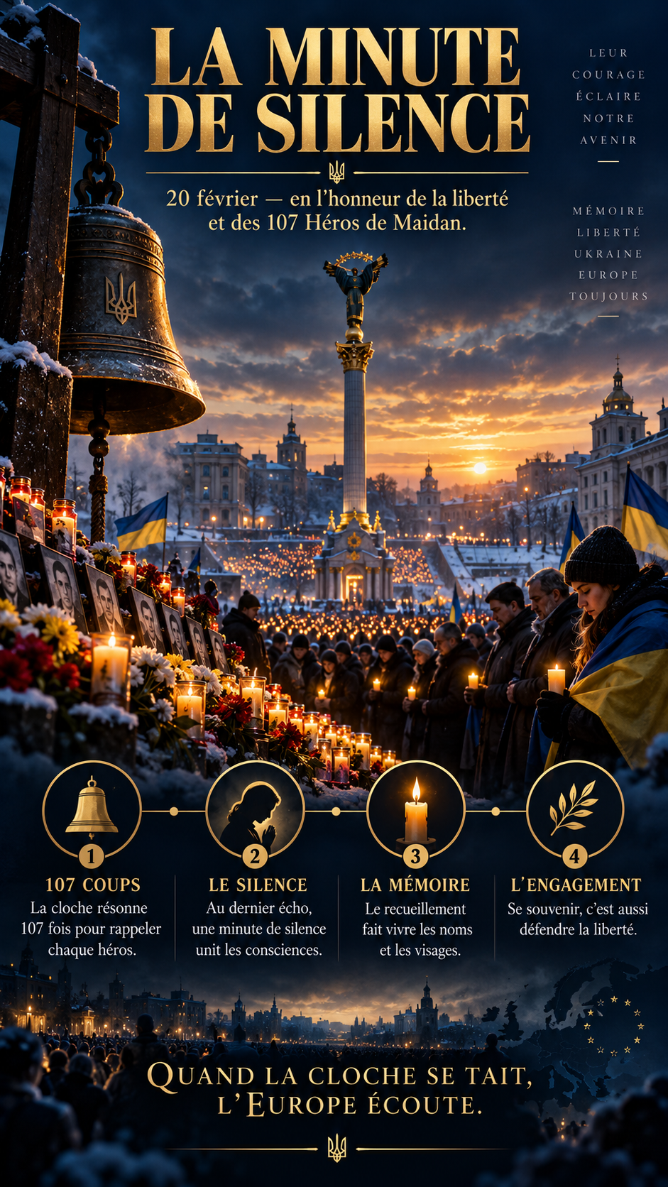 Graphique descriptif de la minute de silence du 20 février en hommage à la liberté et aux 107 Héros de Maidan