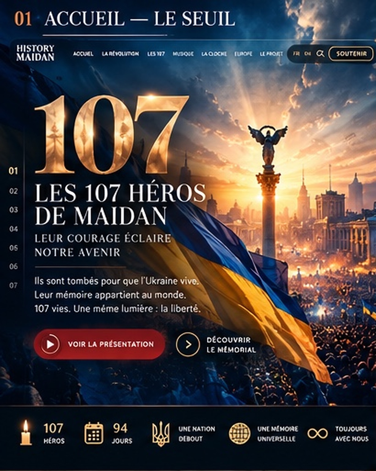 Maquette History Maidan, accueil du mémorial des 107 Héros de Maidan, avec la place Maidan et le drapeau ukrainien