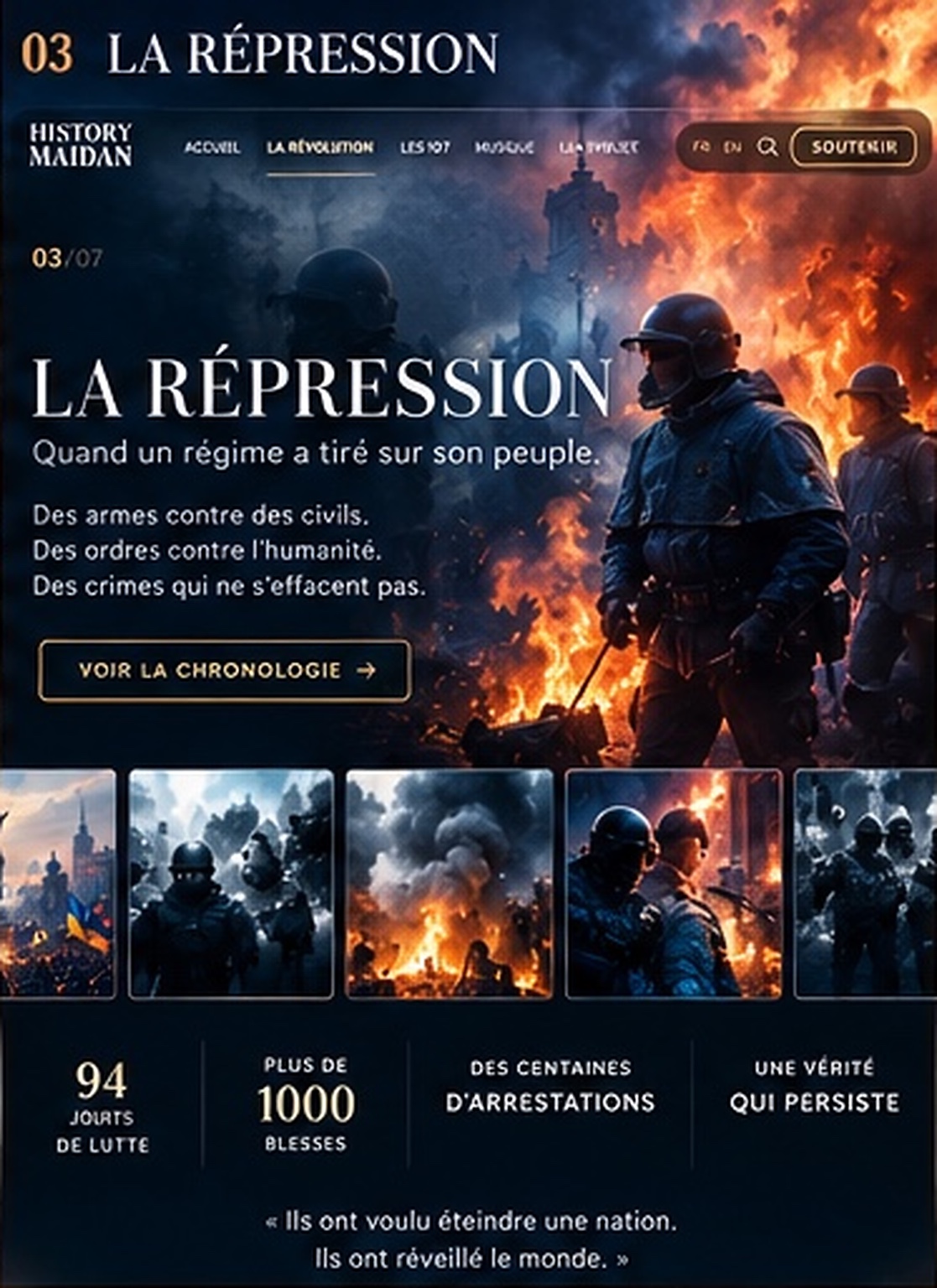 Maquette History Maidan, chapitre La Répression, affrontements et incendies sur Maidan