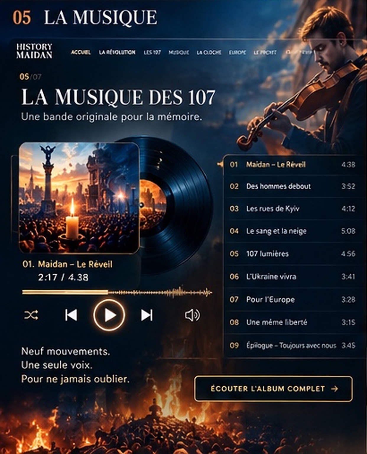 Maquette History Maidan, chapitre La Musique des 107 avec un lecteur audio et un violoniste