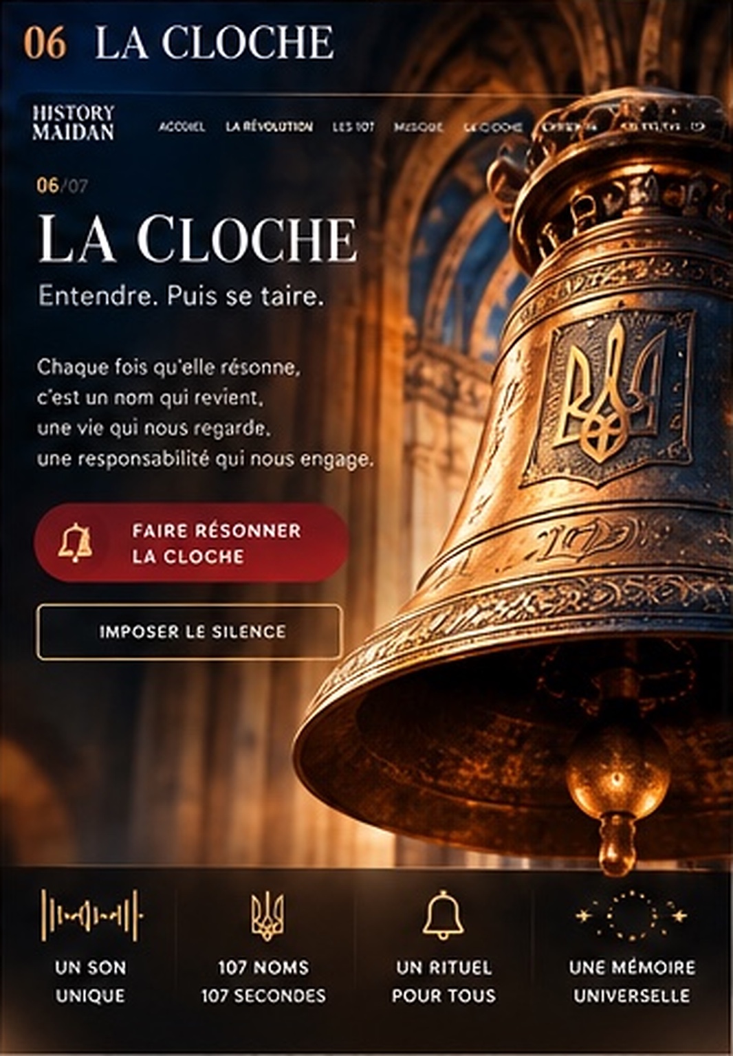 Maquette History Maidan, chapitre La Cloche, grande cloche de bronze ornée du trident ukrainien