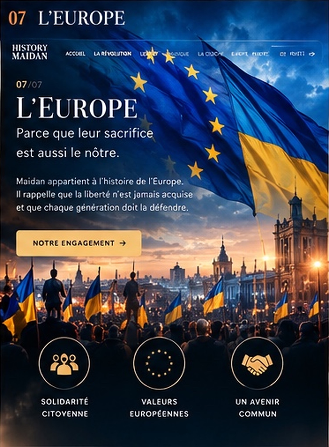 Maquette History Maidan, chapitre L'Europe, drapeaux ukrainien et européen au-dessus de Kyiv